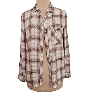 Becool Womens Plaid Button Down Shirt Large Cream Orange Rayon Long Sleeve Basic
